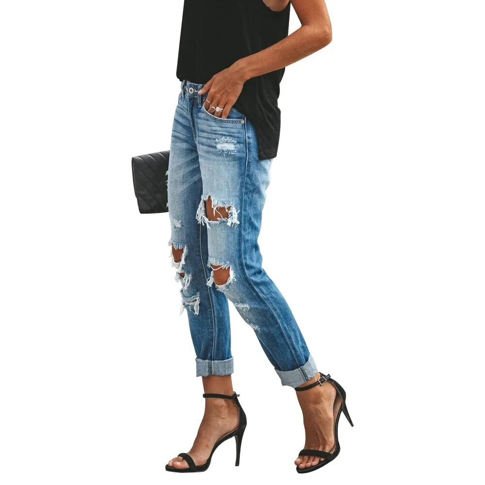 KUNMI Women's Ripped Mid Waisted Boyfriend Jeans Loose Fit Distressed Large - Picture 2 of 5